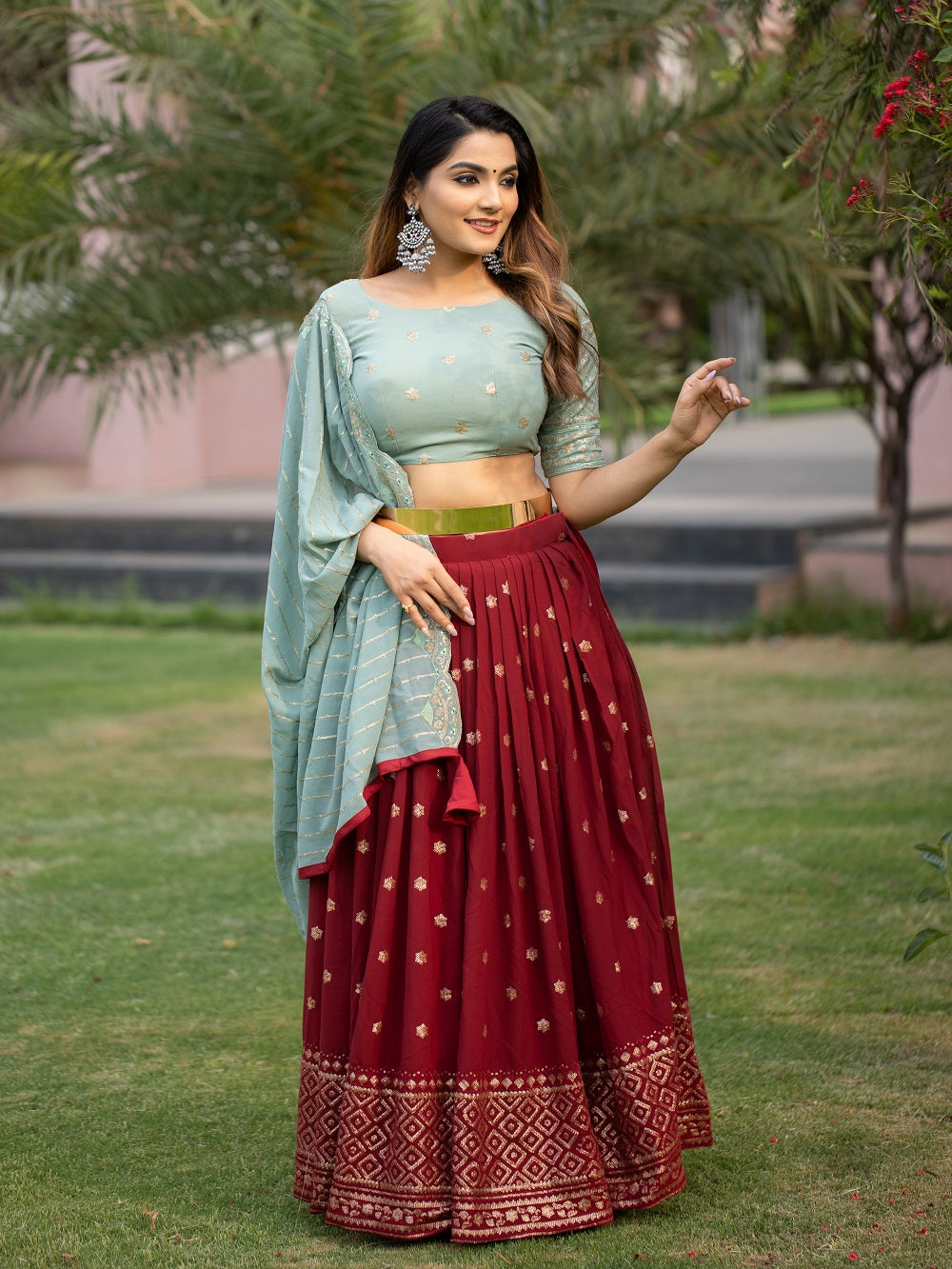 Maroon Color Thread And Sequins Embroidery Work Georgette New Lehenga Choli Set