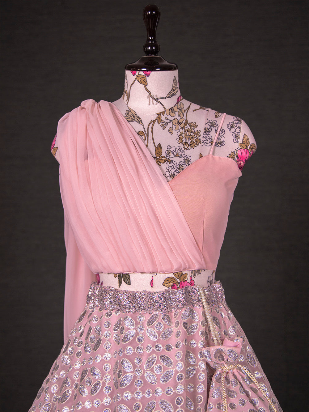 Pink Color Sequins And Thread Embroidery Work Georgette  Ready To Wear Lehenga Choli Set