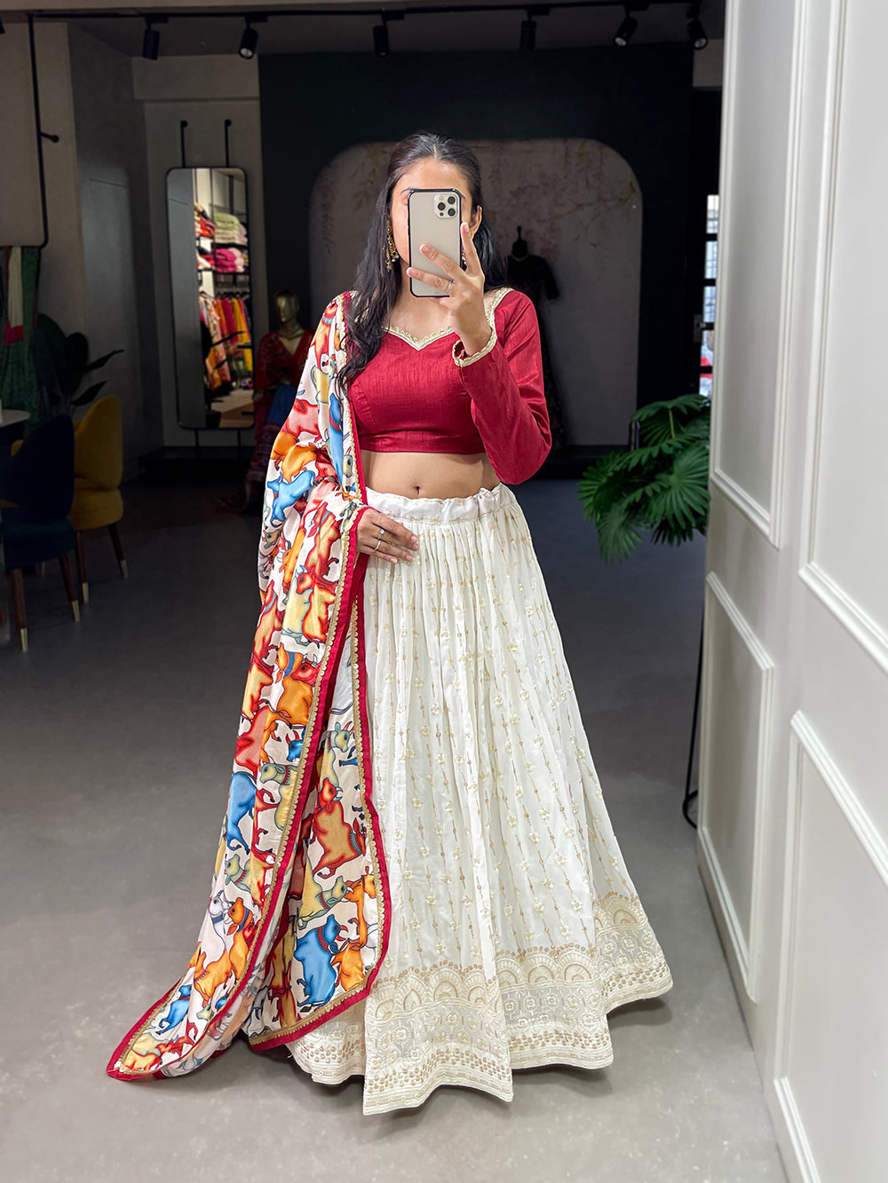 White Color Sequins And Thread Embroidery Work Georgette Lehenga Choli