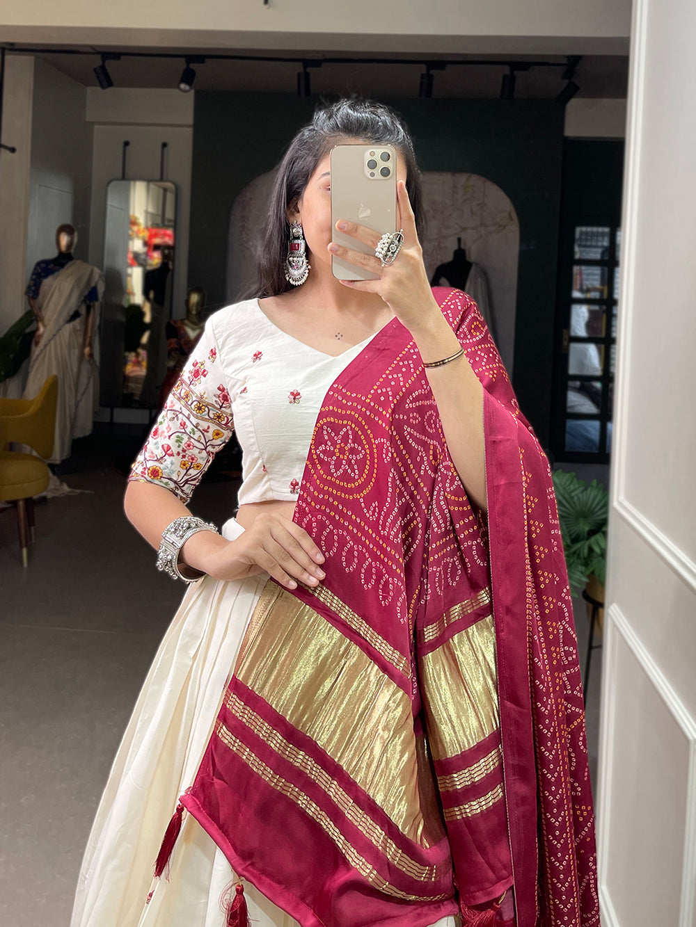 Flower Design Sequins And Thread Embroidery Work Khadi Cotton Chaniya Choli
