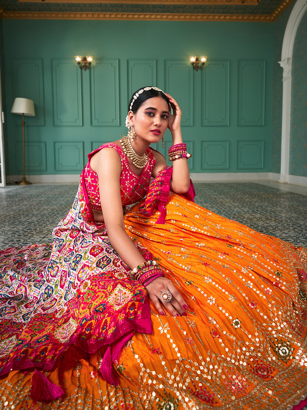 Yellow Color Sequin And Thread Embroidery Work Crushed Chinon Lehenga Choli