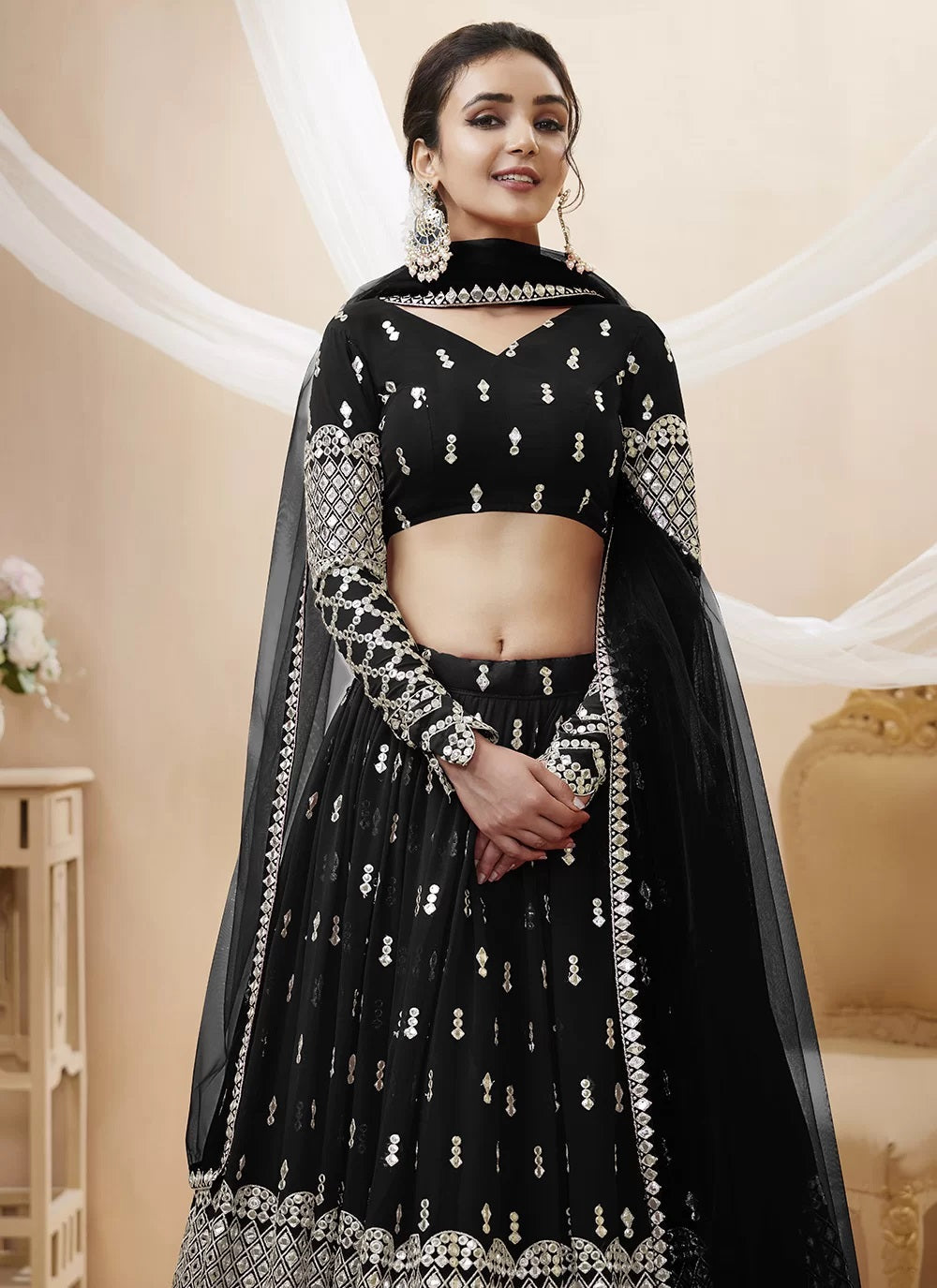 Sequins and zari embroidered georgette indian lehenga in black