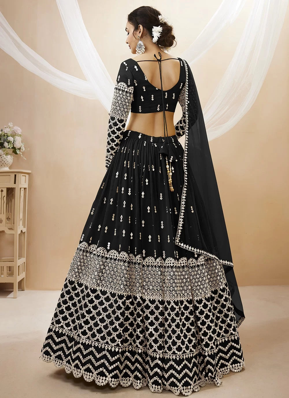 Sequins and zari embroidered georgette indian lehenga in black