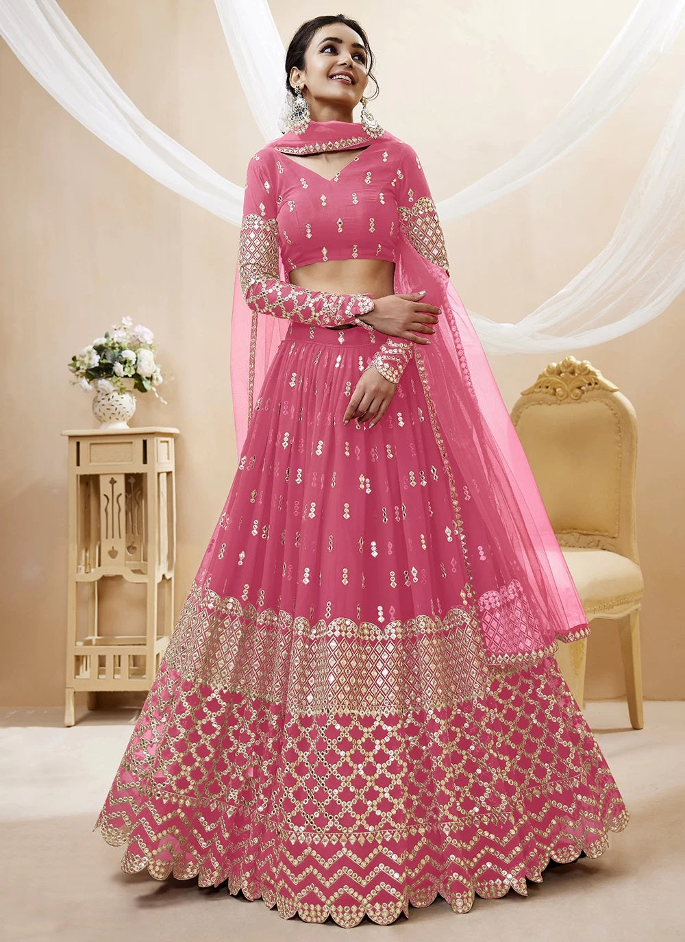 Sequins and zari work georgette party wear lehenga in pink