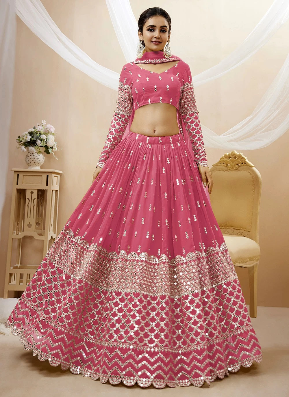 Sequins and zari work georgette party wear lehenga in pink