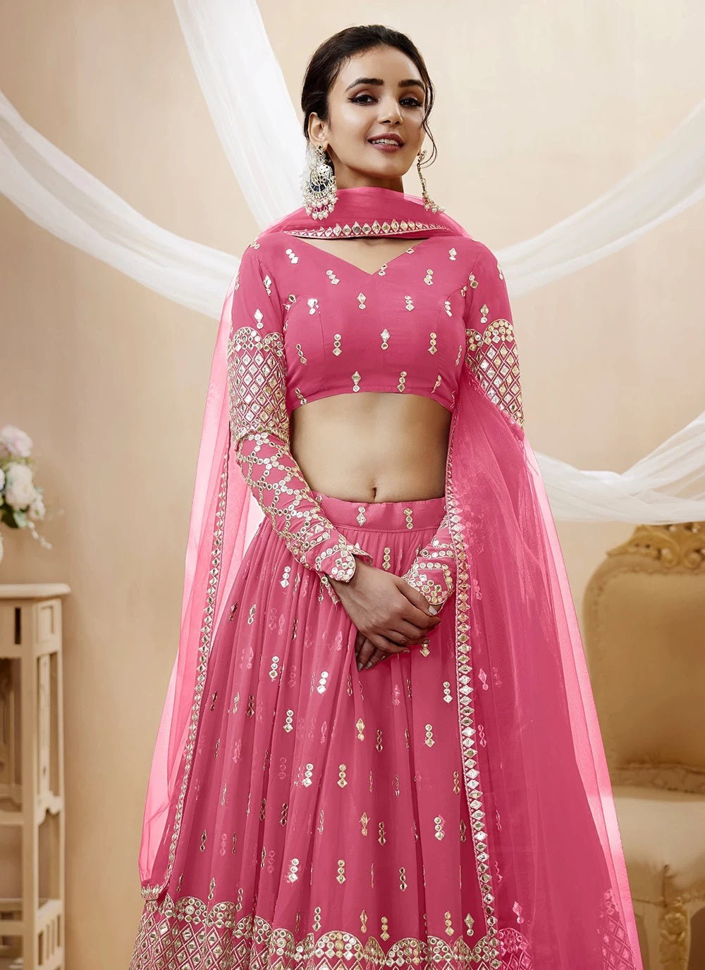 Sequins and zari work georgette party wear lehenga in pink