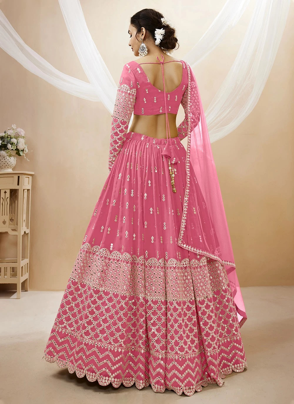 Sequins and zari work georgette party wear lehenga in pink