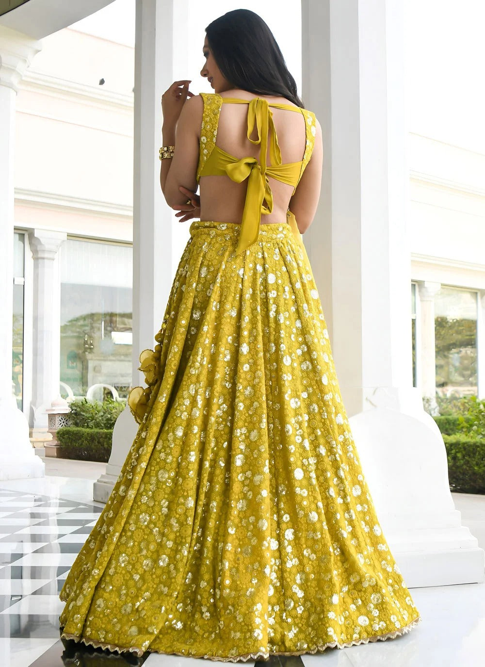 Olive yellow mehndi lehenga in georgette with sequins embroidery