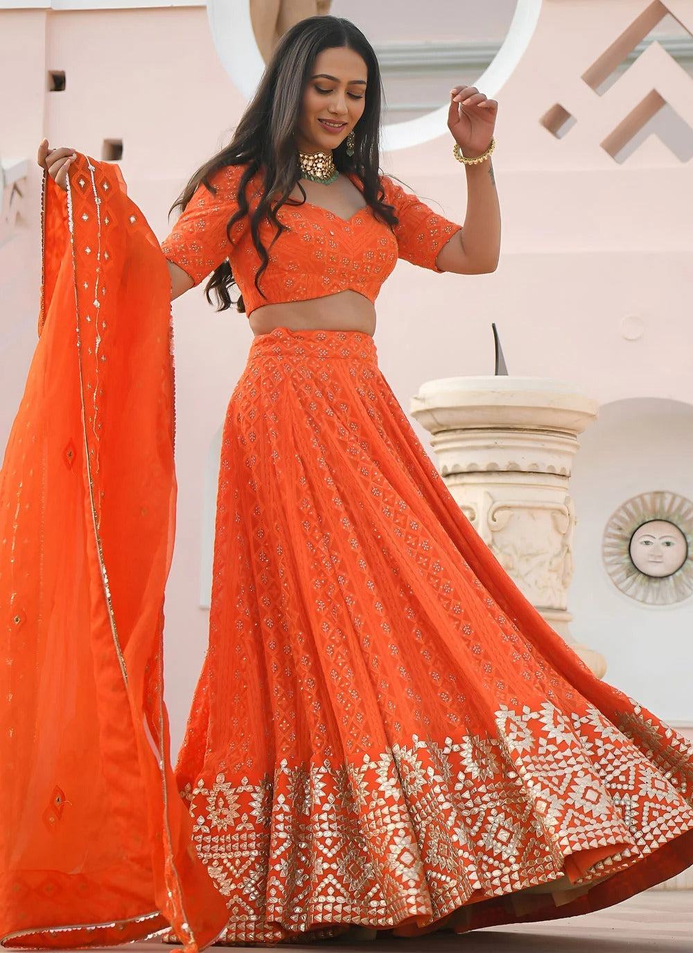 Orange bridesmaid lehenga in georgette with gota patti embroidery