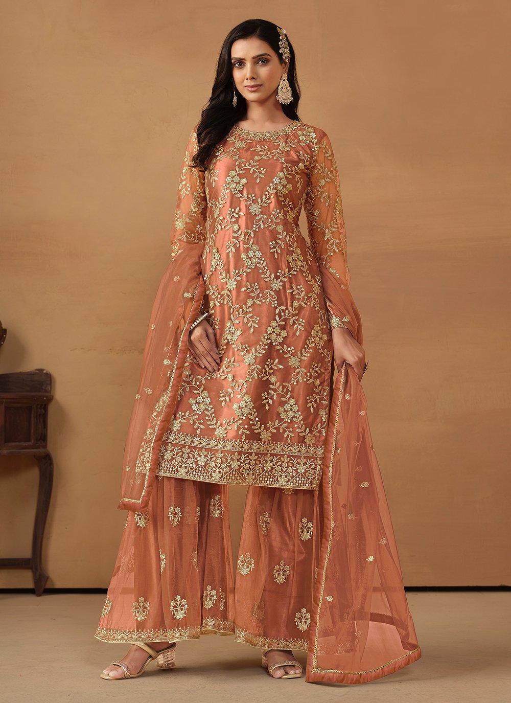 Sequins embroidered net palaazo dress for women in brown