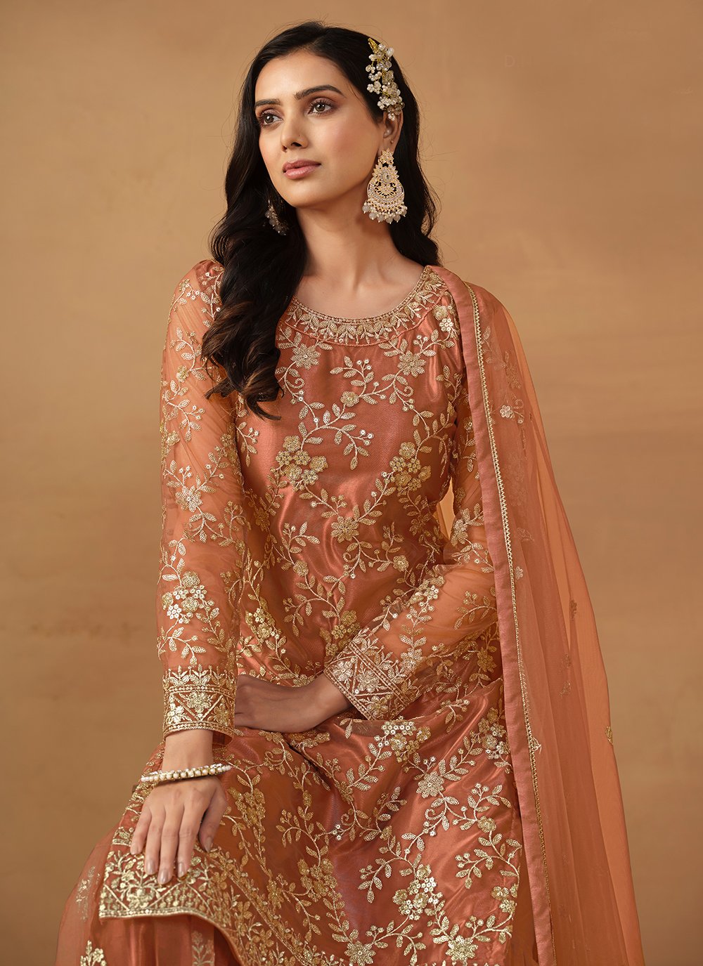 Sequins embroidered net palaazo dress for women in brown