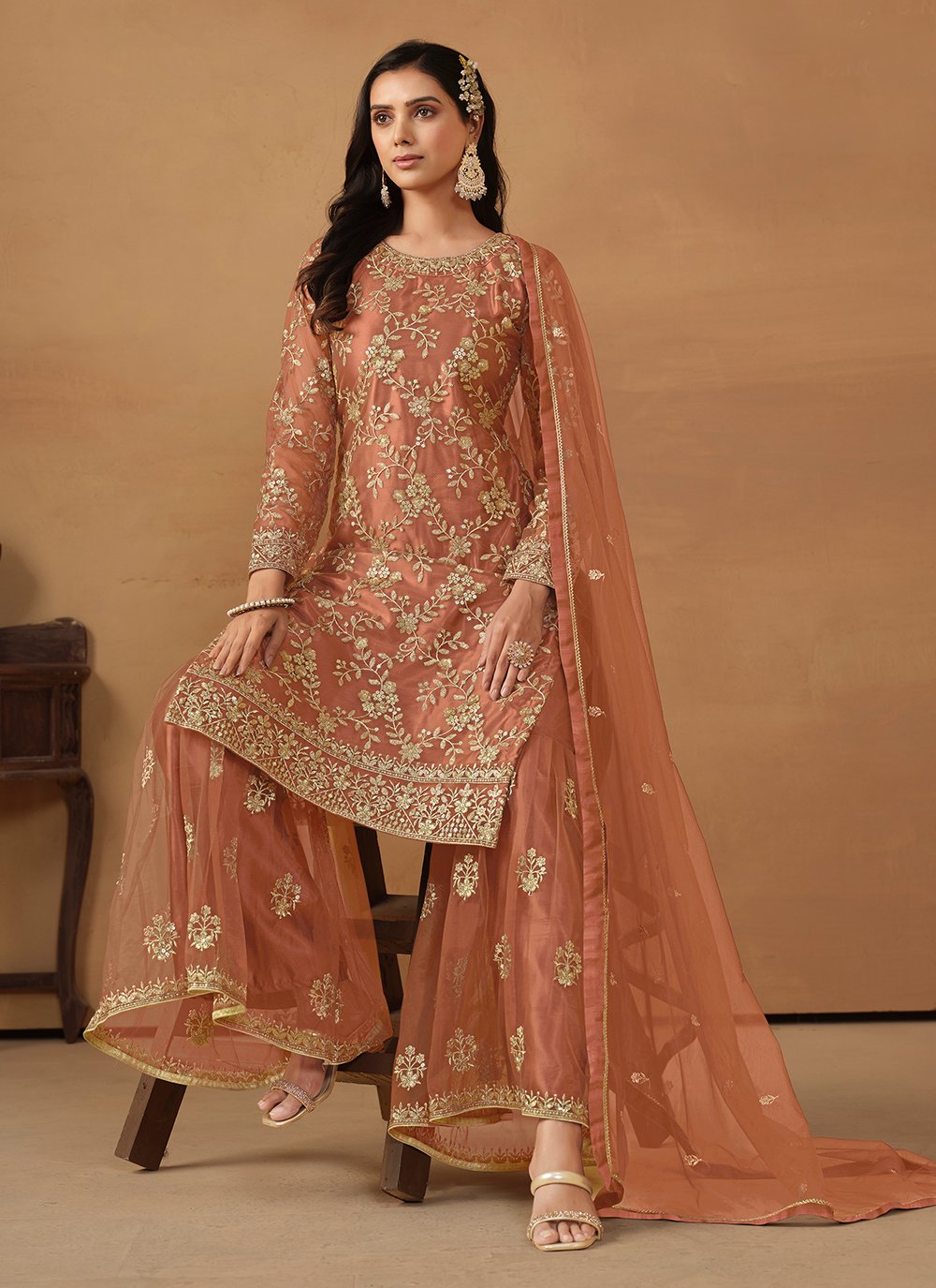 Sequins embroidered net palaazo dress for women in brown