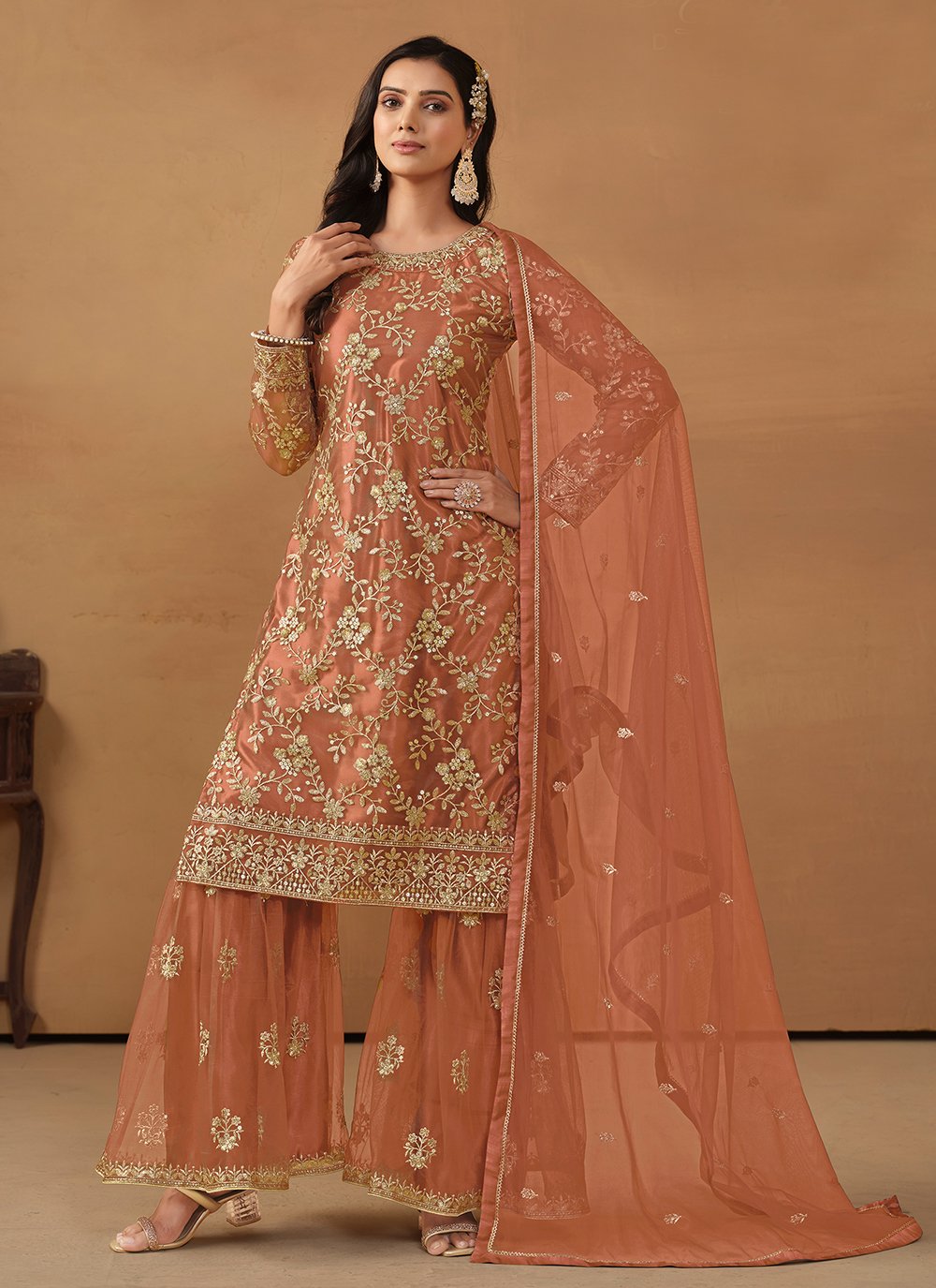 Sequins embroidered net palaazo dress for women in brown