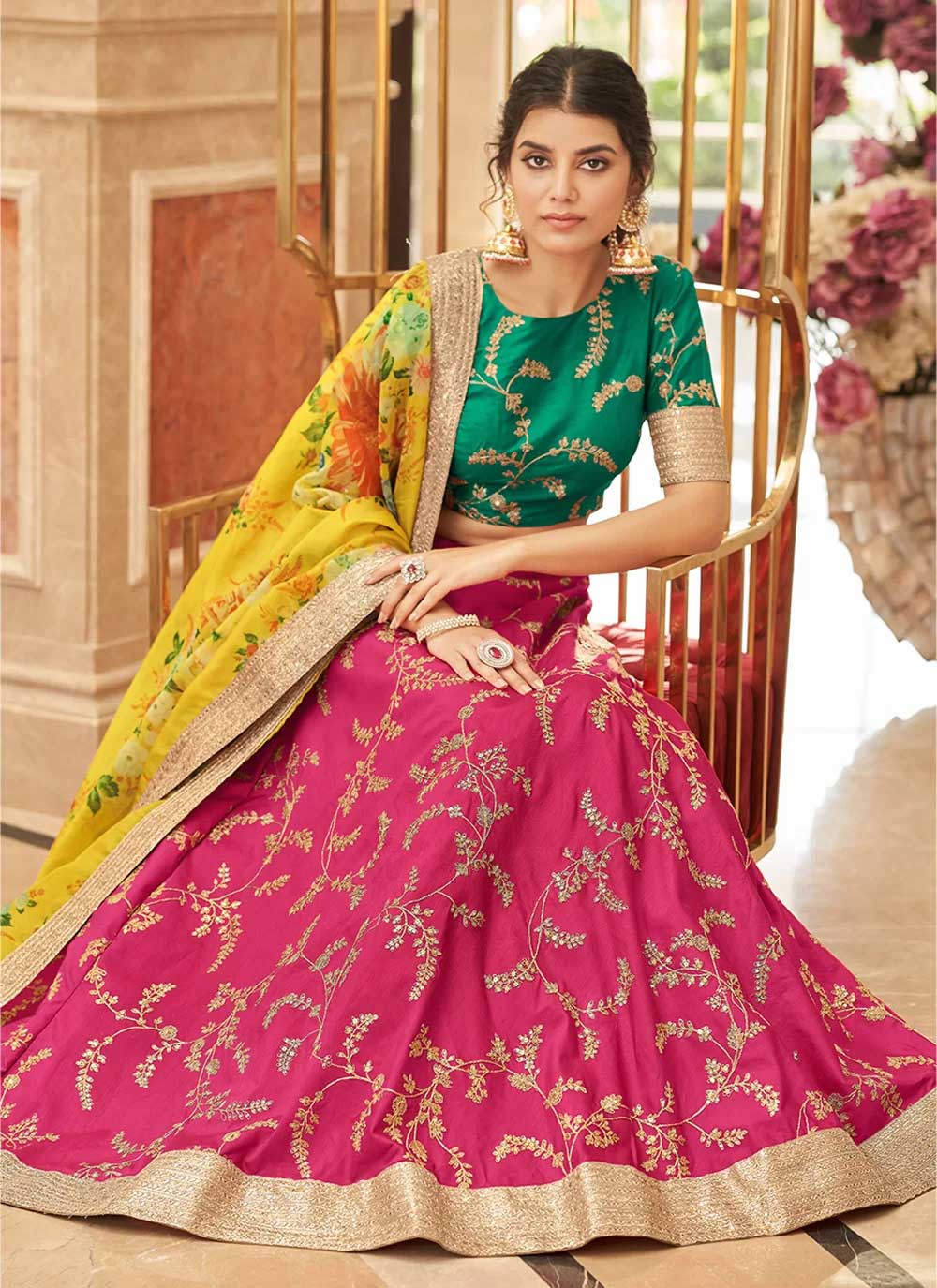 Sequins embroidered pink and yellow art silk lehenga choli