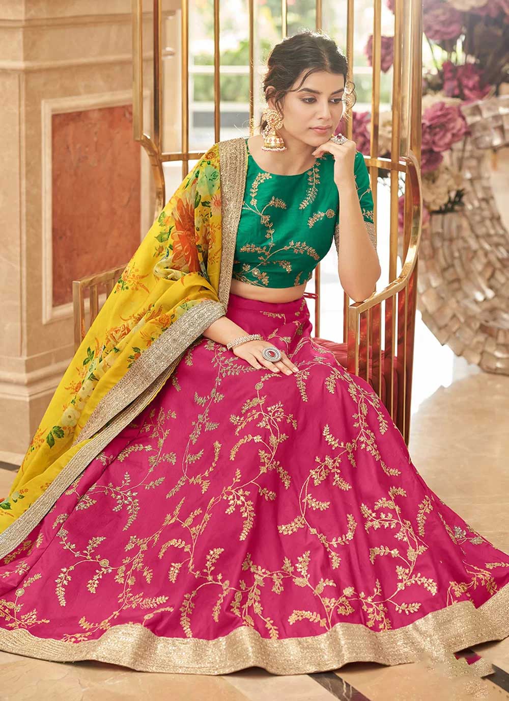 Sequins embroidered pink and yellow art silk lehenga choli