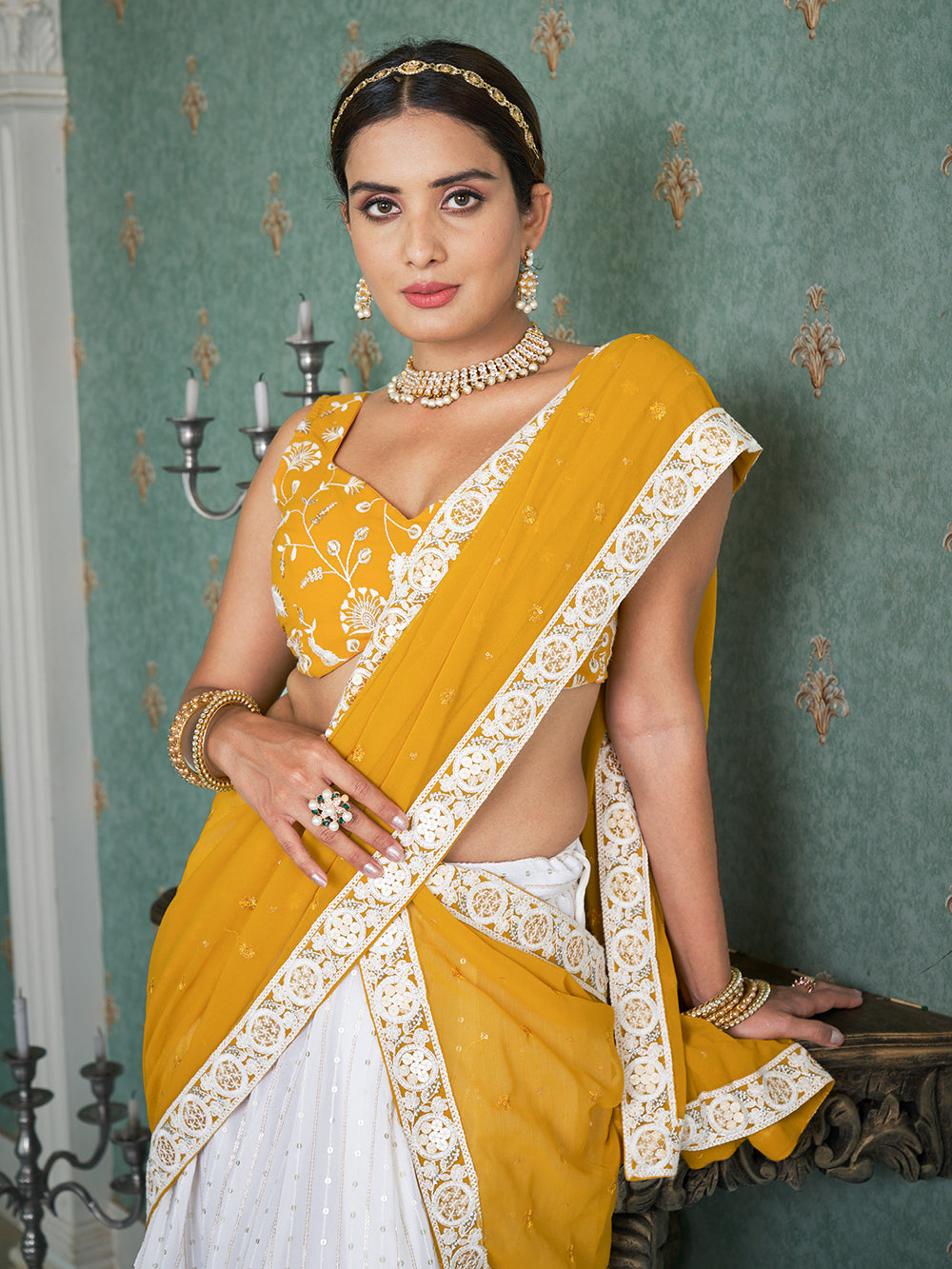 White Color Sequins Embroidery Georgette Lehenga Choli