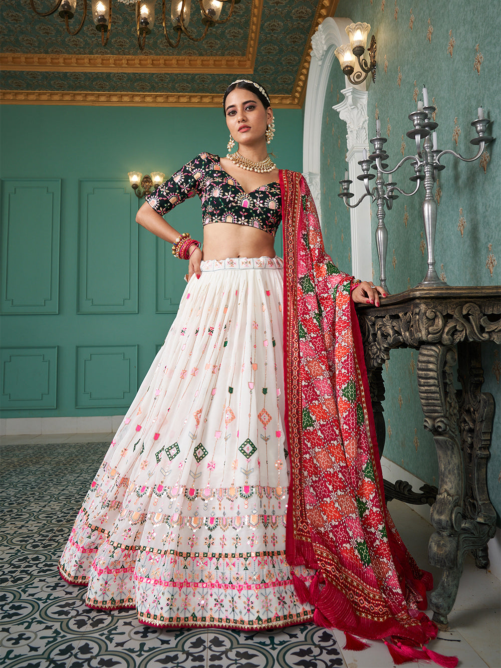 White Color Thread And Sequins Embroidery Work Georgette Lehenga Choli