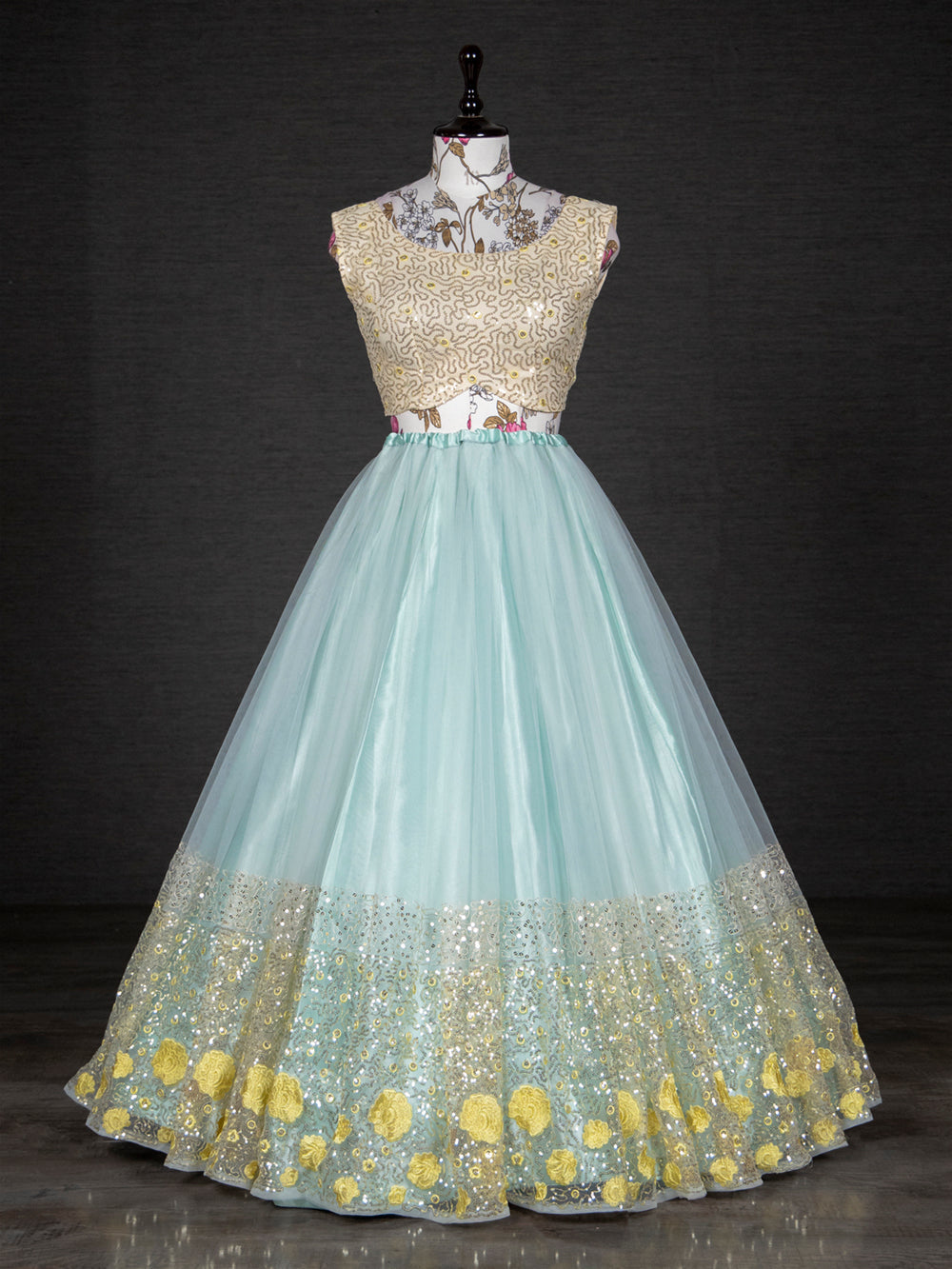 Sky Blue Color Sequins Embroidery Work Net Lehenga Choli With Dupatta