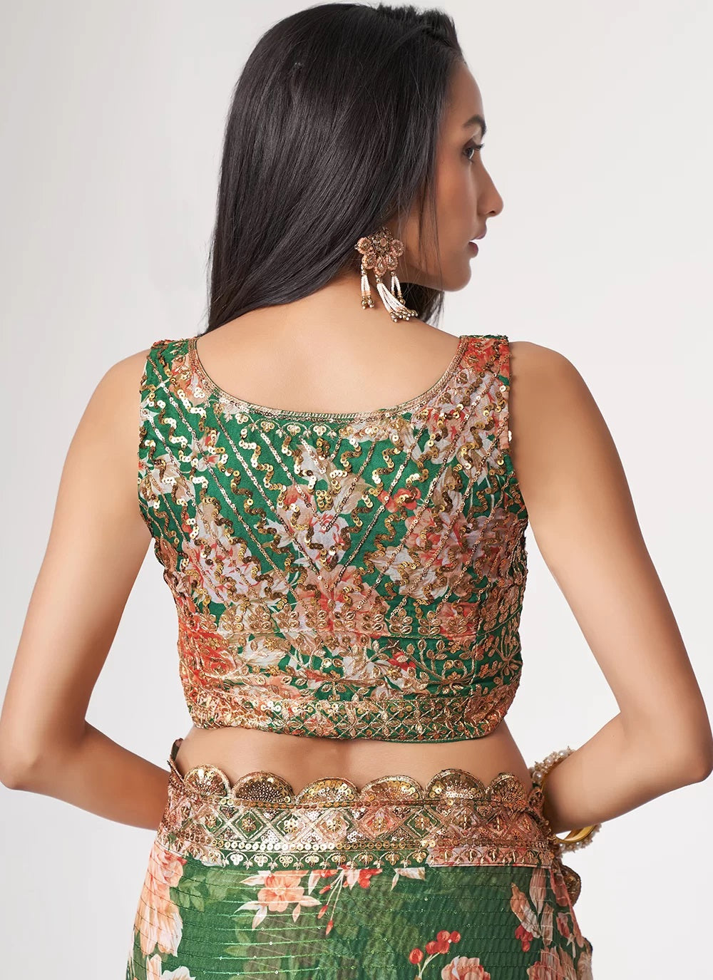 Sequins embroidery work with digital print organza saree in green