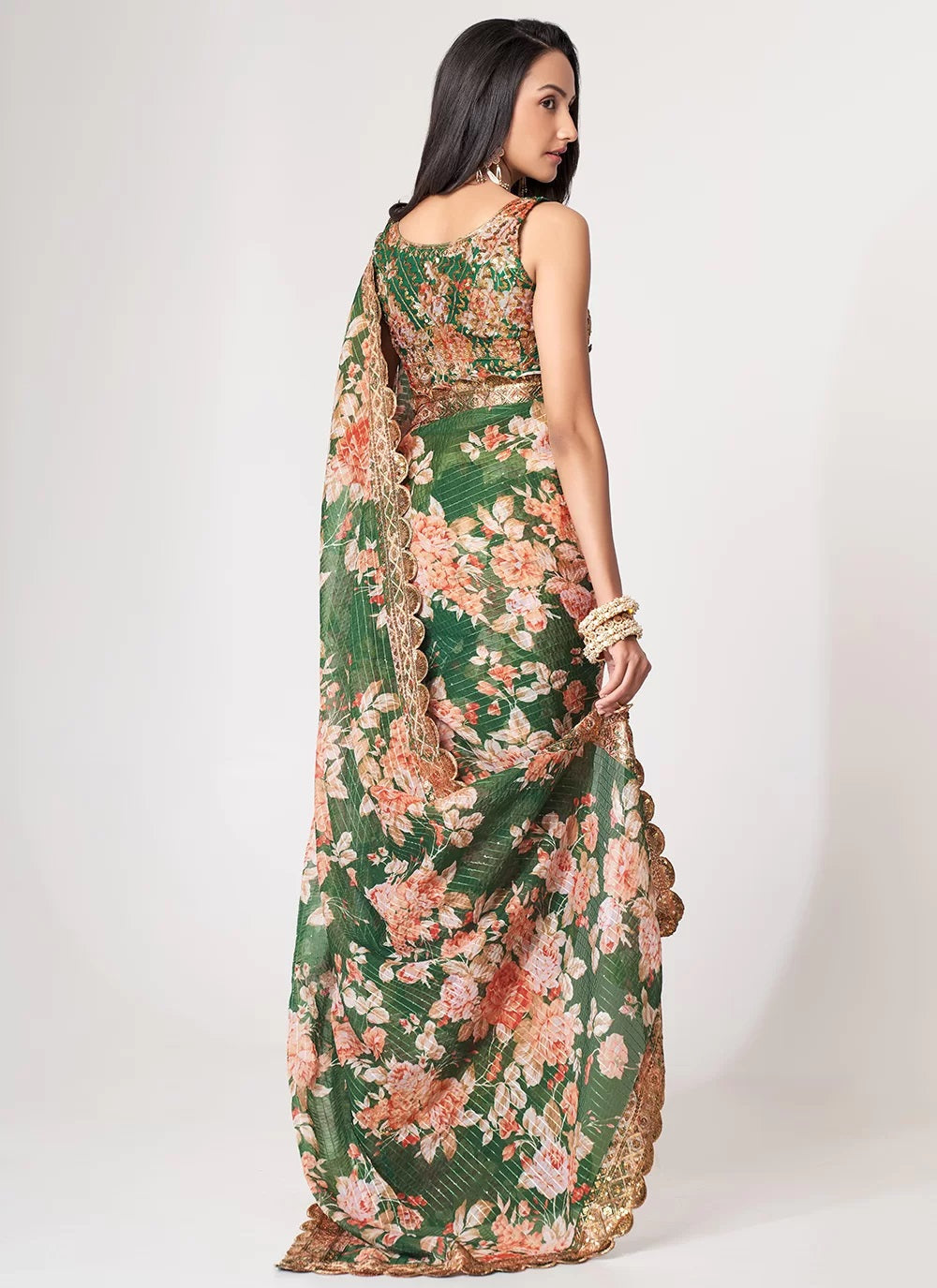 Sequins embroidery work with digital print organza saree in green