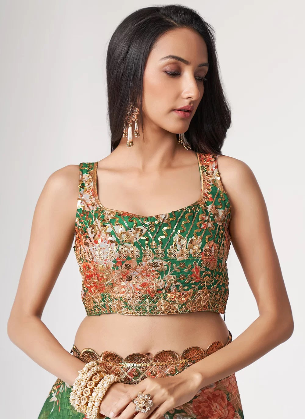 Sequins embroidery work with digital print organza saree in green