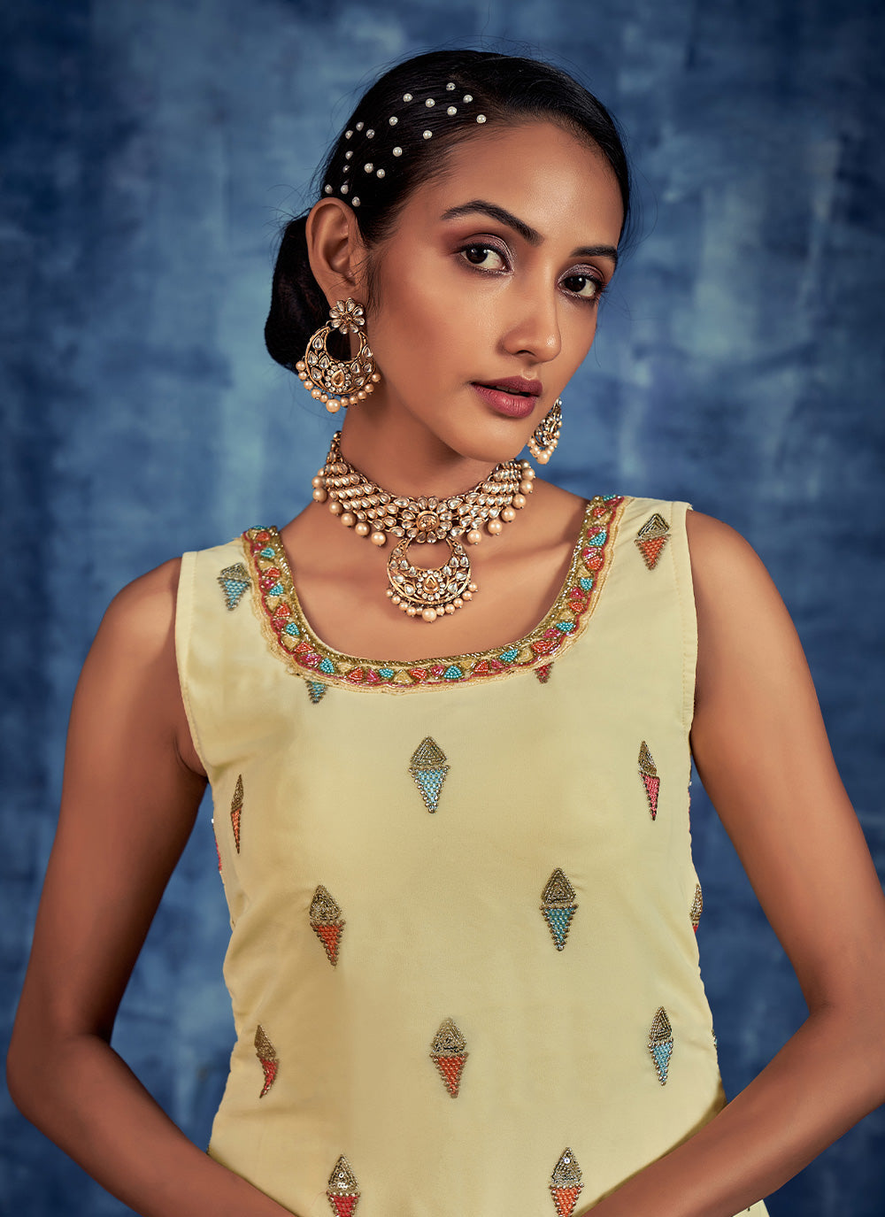 Yellow Embroidered Pure Georgette Salwar Stitched