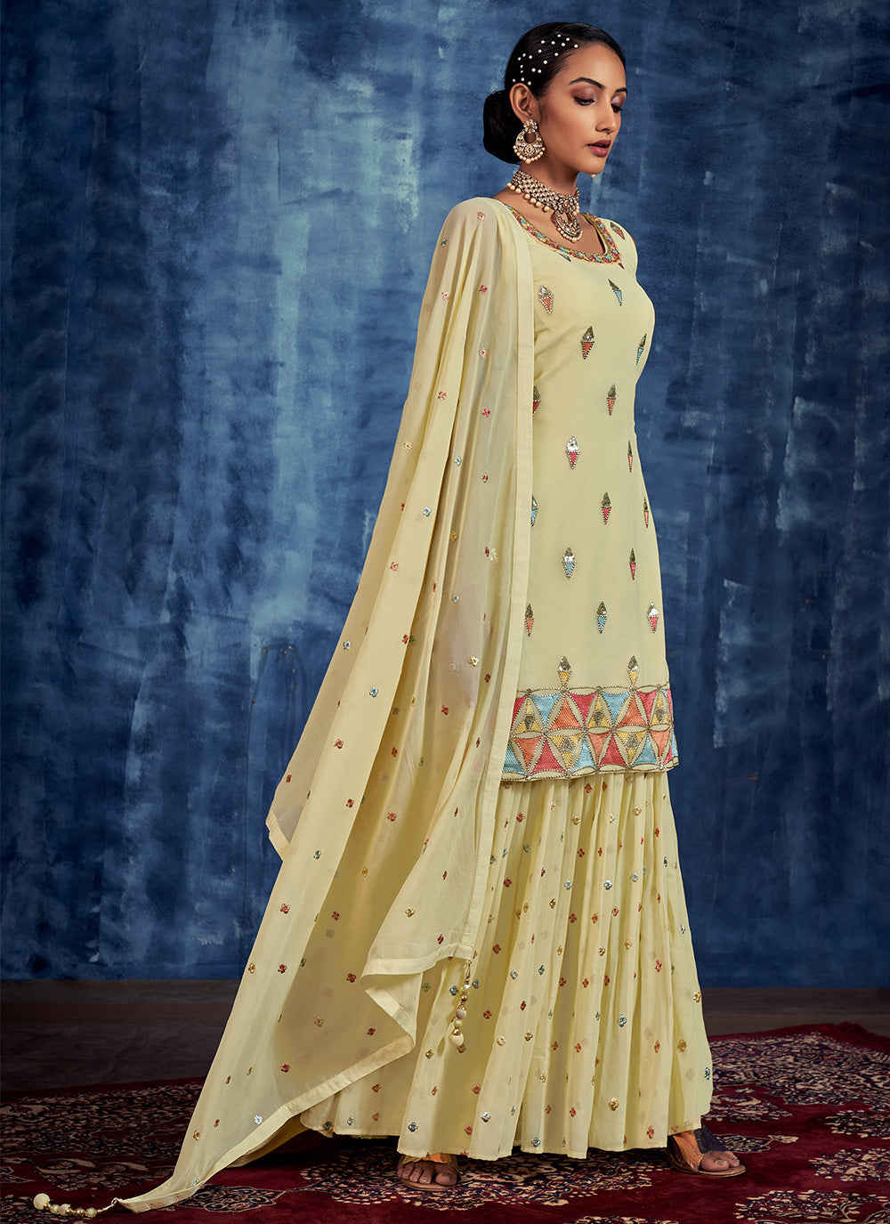 Yellow Embroidered Pure Georgette Salwar Stitched