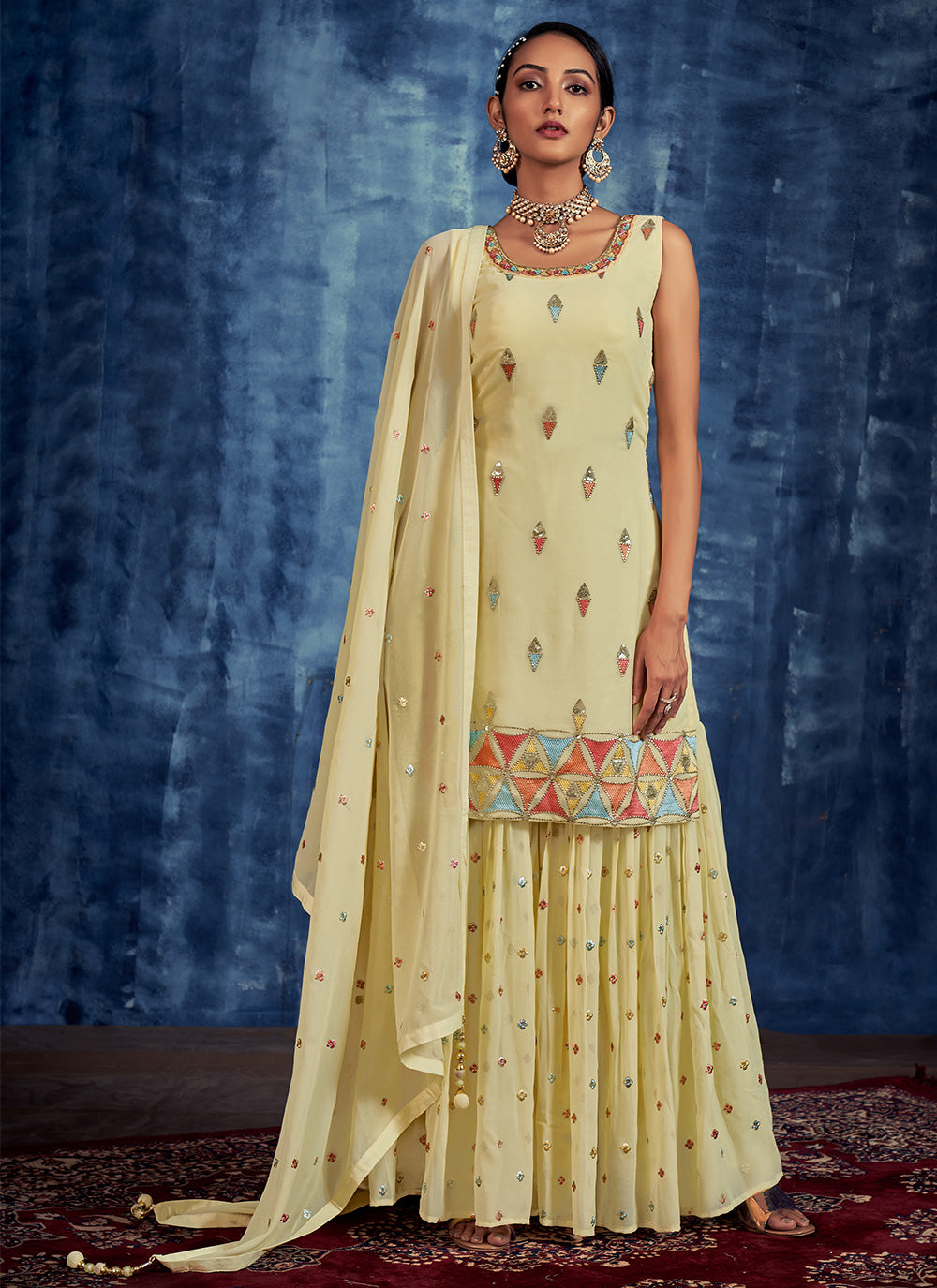 Yellow Embroidered Pure Georgette Salwar Stitched