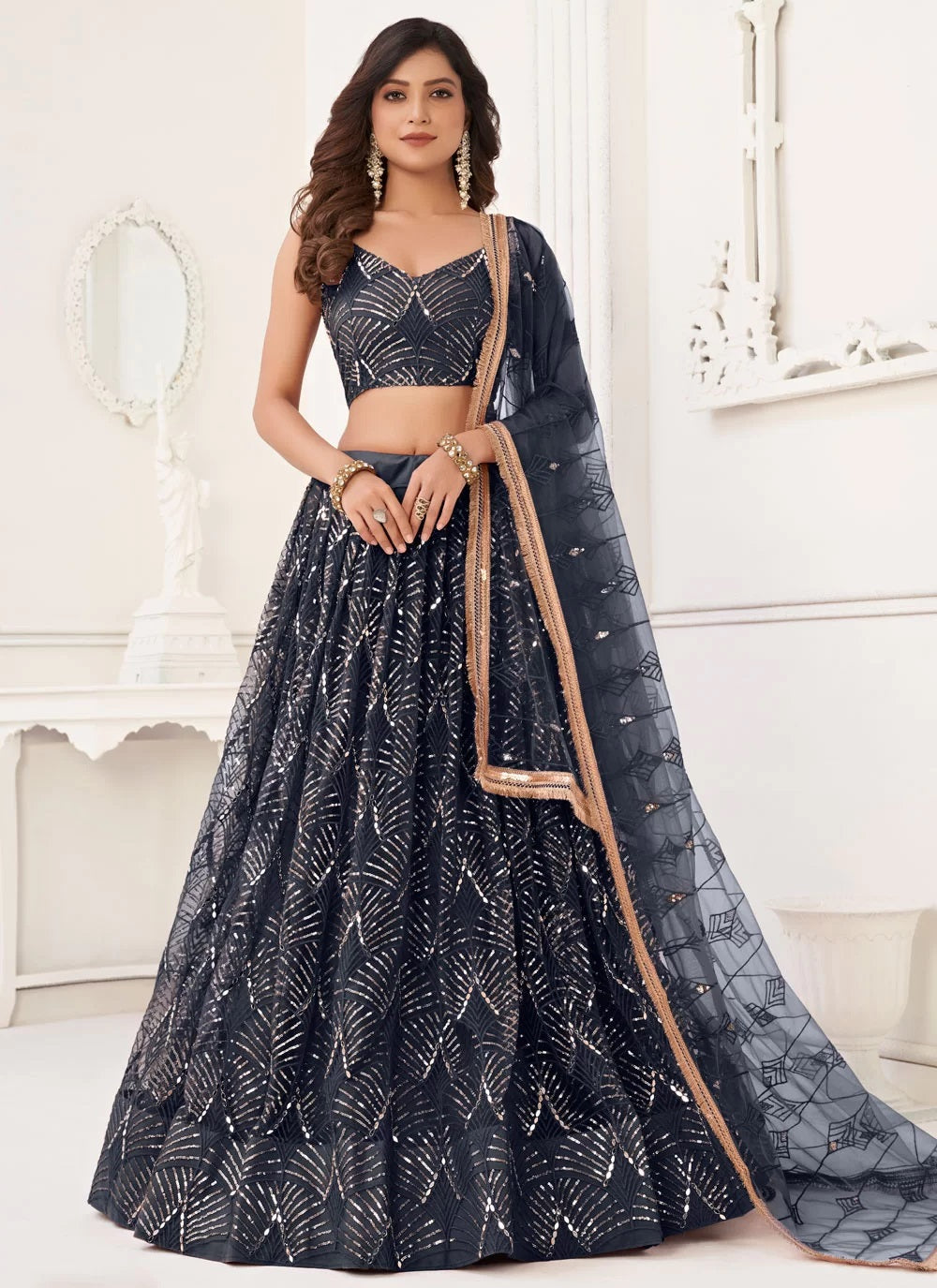 Sequins net party wear lehenga choli with dupatta in black