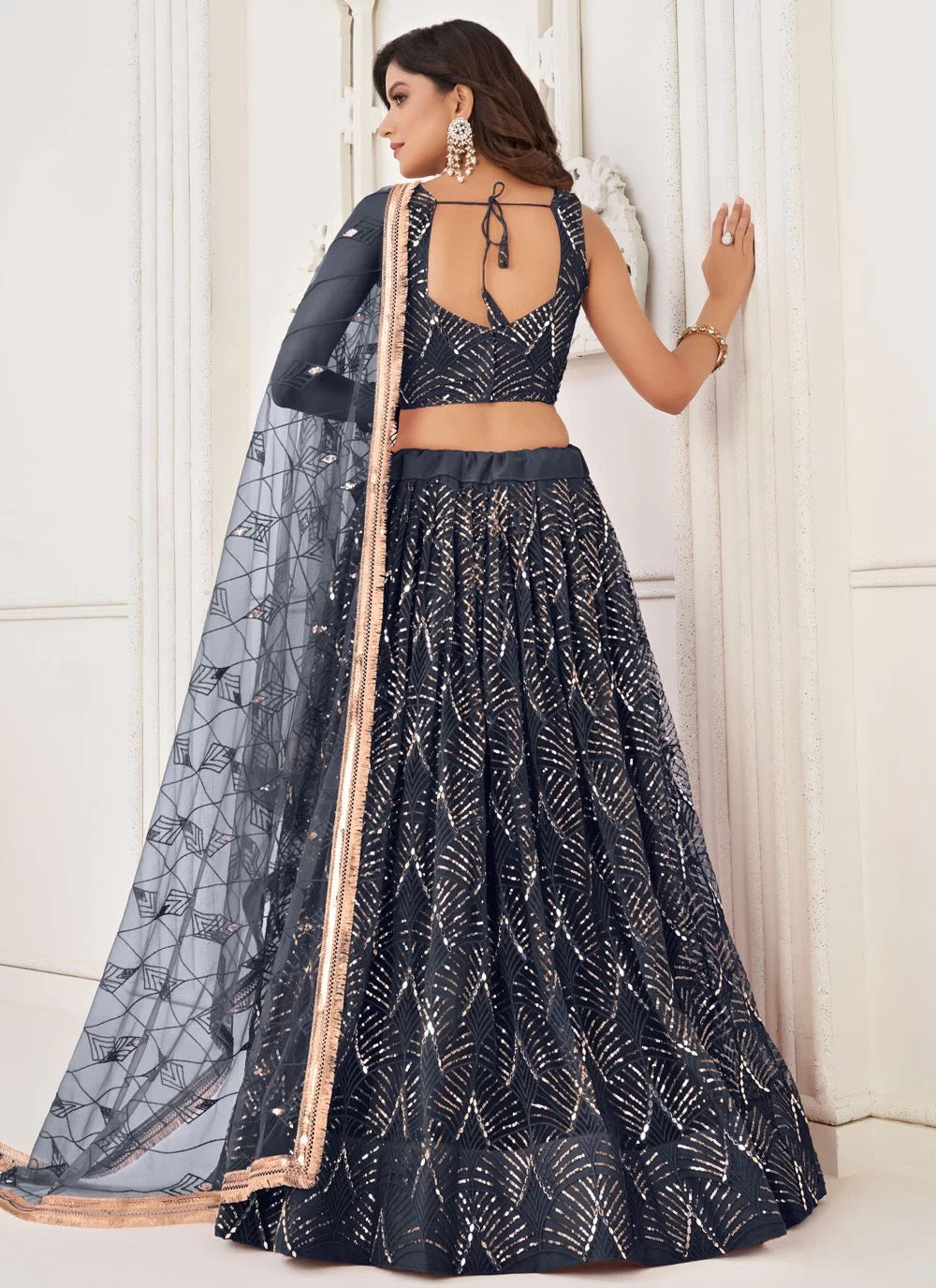 Sequins net party wear lehenga choli with dupatta in black