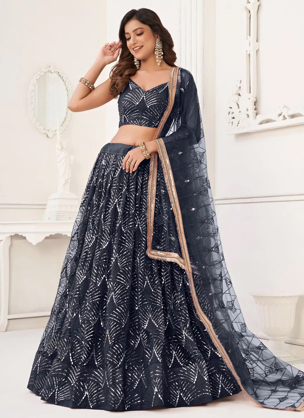 Sequins net party wear lehenga choli with dupatta in black