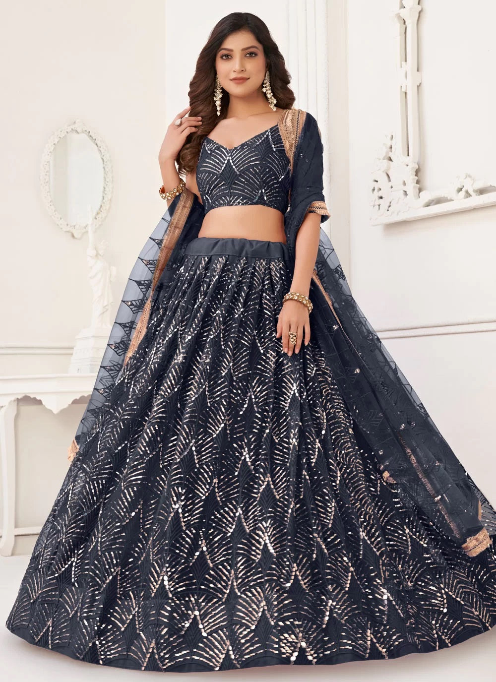 Sequins net party wear lehenga choli with dupatta in black