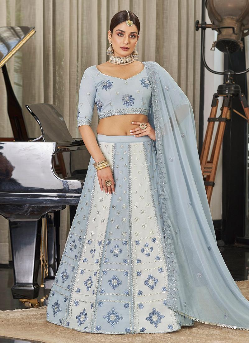 Sequins With Thread Embroidery Sky Blue Lehenga