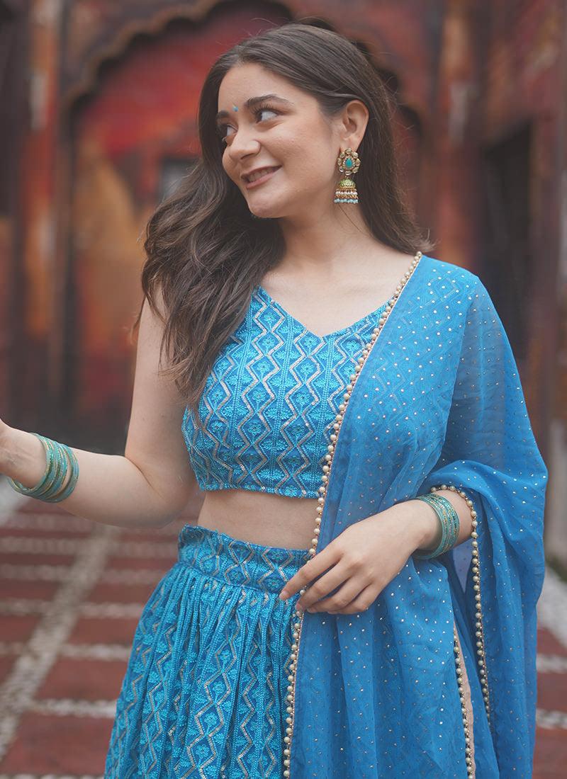 Sequins Work Sleeveless Sky Blue Lehenga Skirt