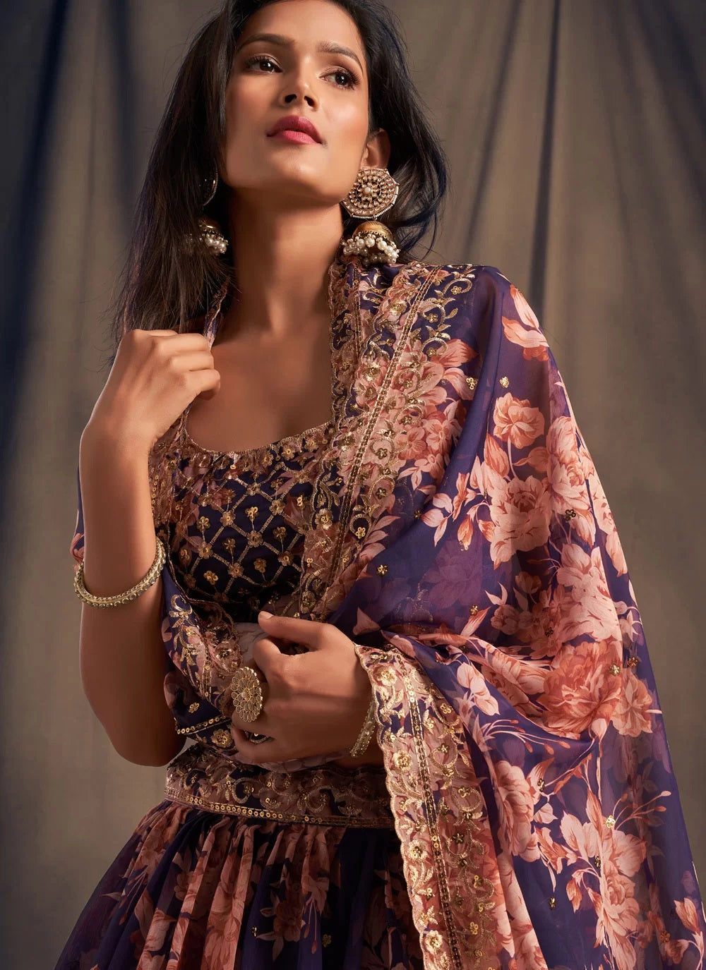 Sequins zari work purple organza based lehenga