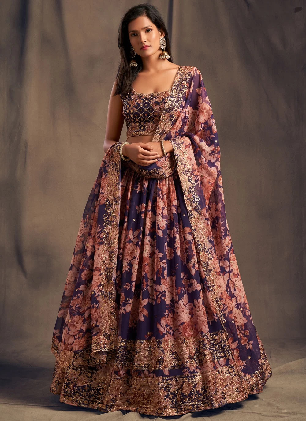 Sequins zari work purple organza based lehenga