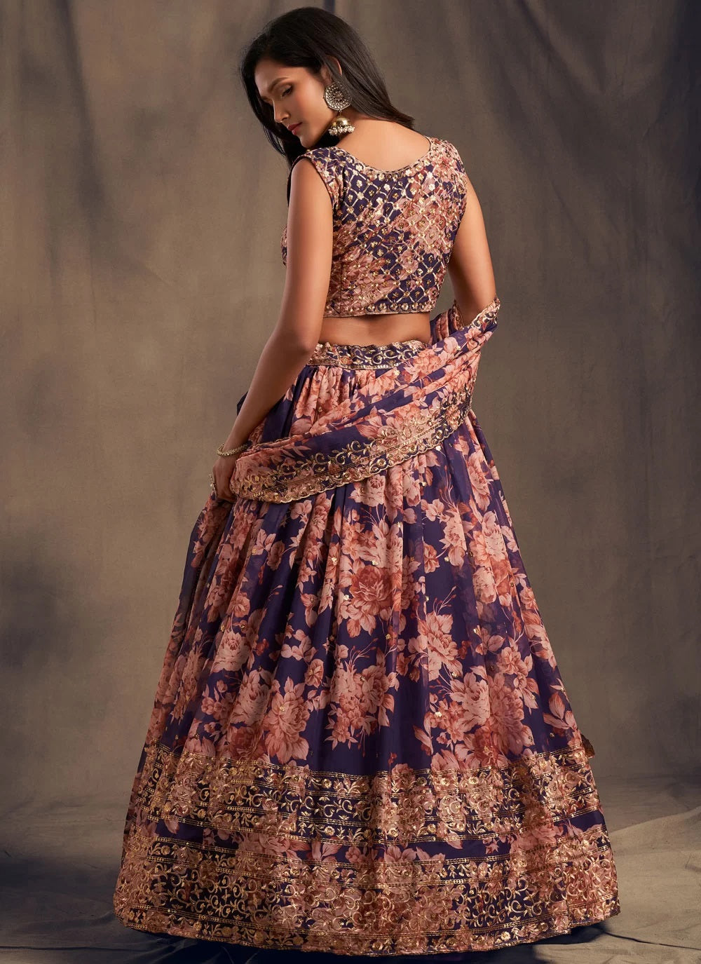 Sequins zari work purple organza based lehenga