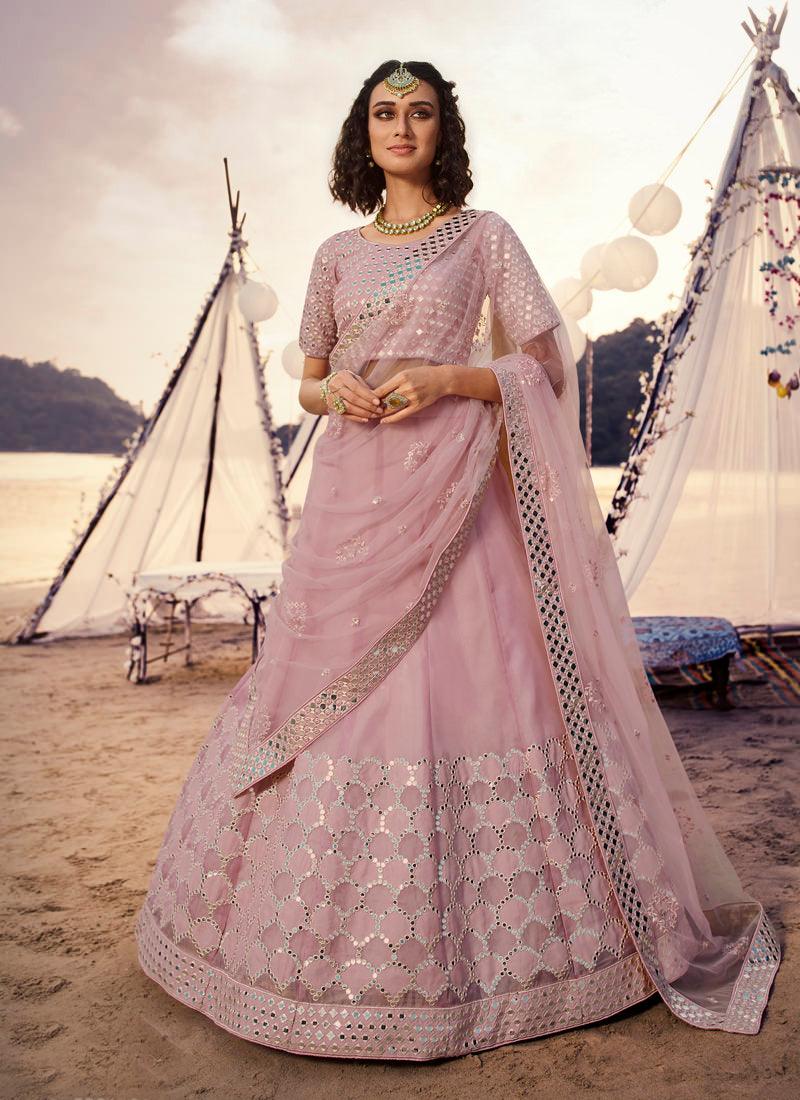 Serene Baby Pink Foil Mirror Work Organza Lehenga Choli Set