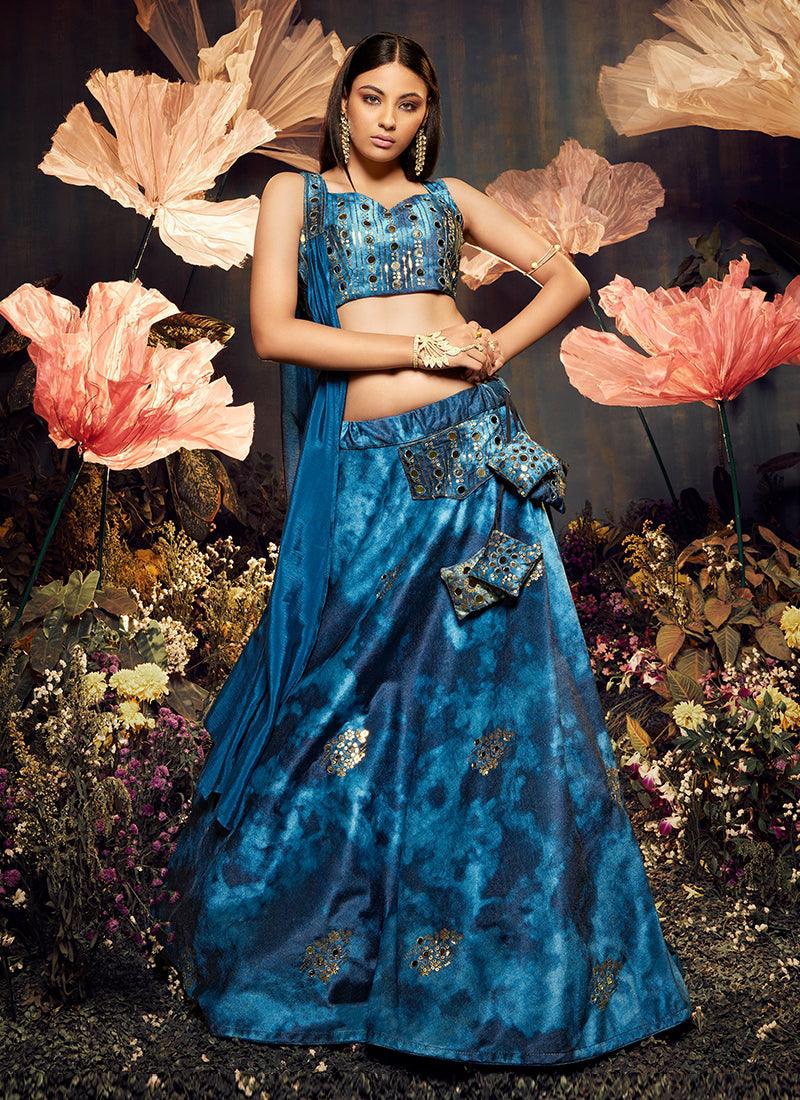 Shibori Print With Heavy Mirror Blue Lehenga