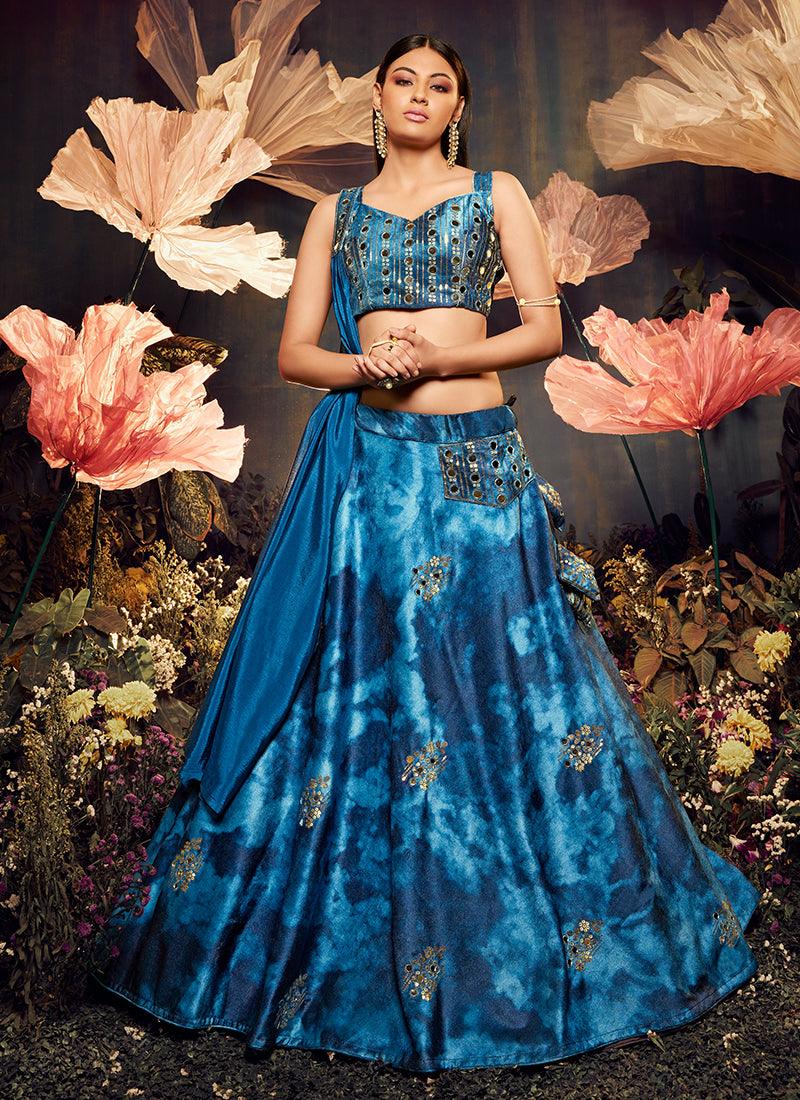 Shibori Print With Heavy Mirror Blue Lehenga