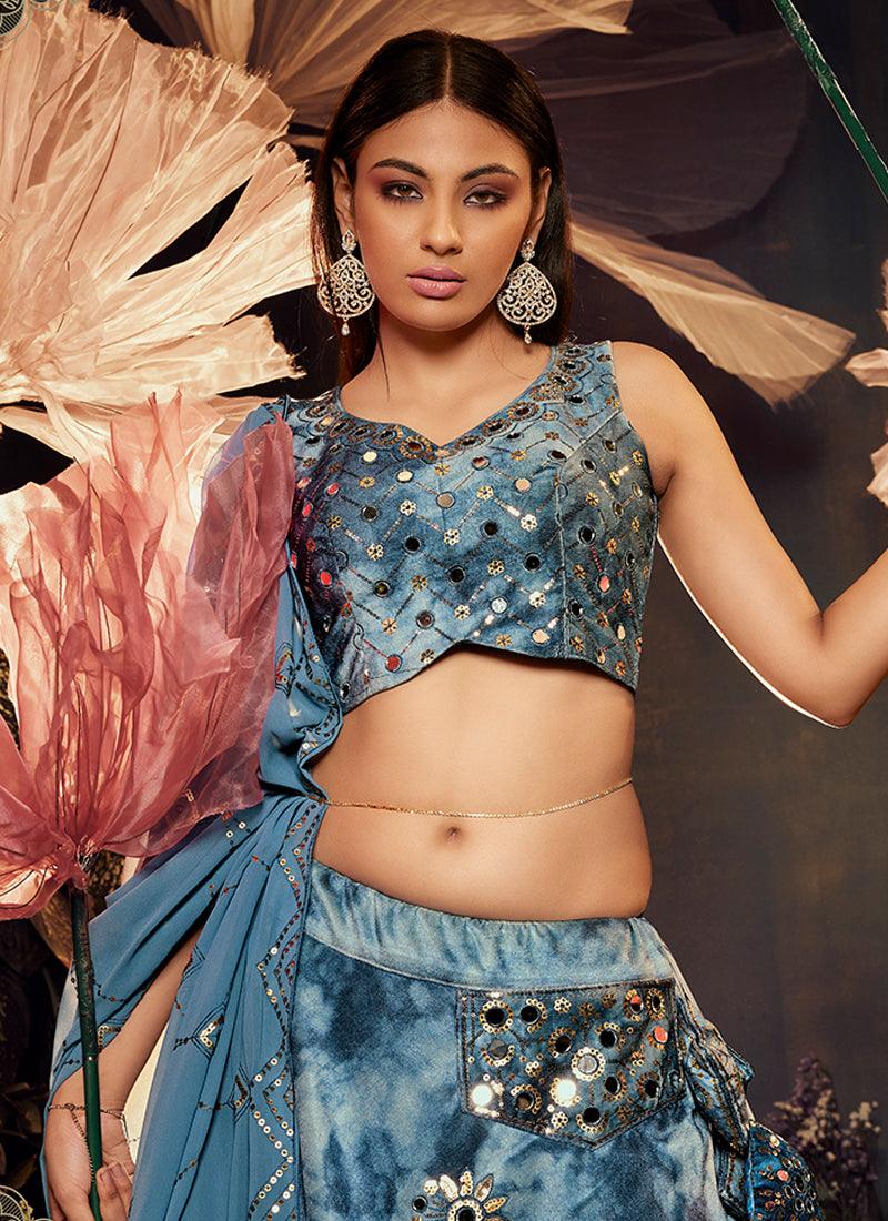 Shibori Print With Heavy Mirror Teal Blue Lehenga