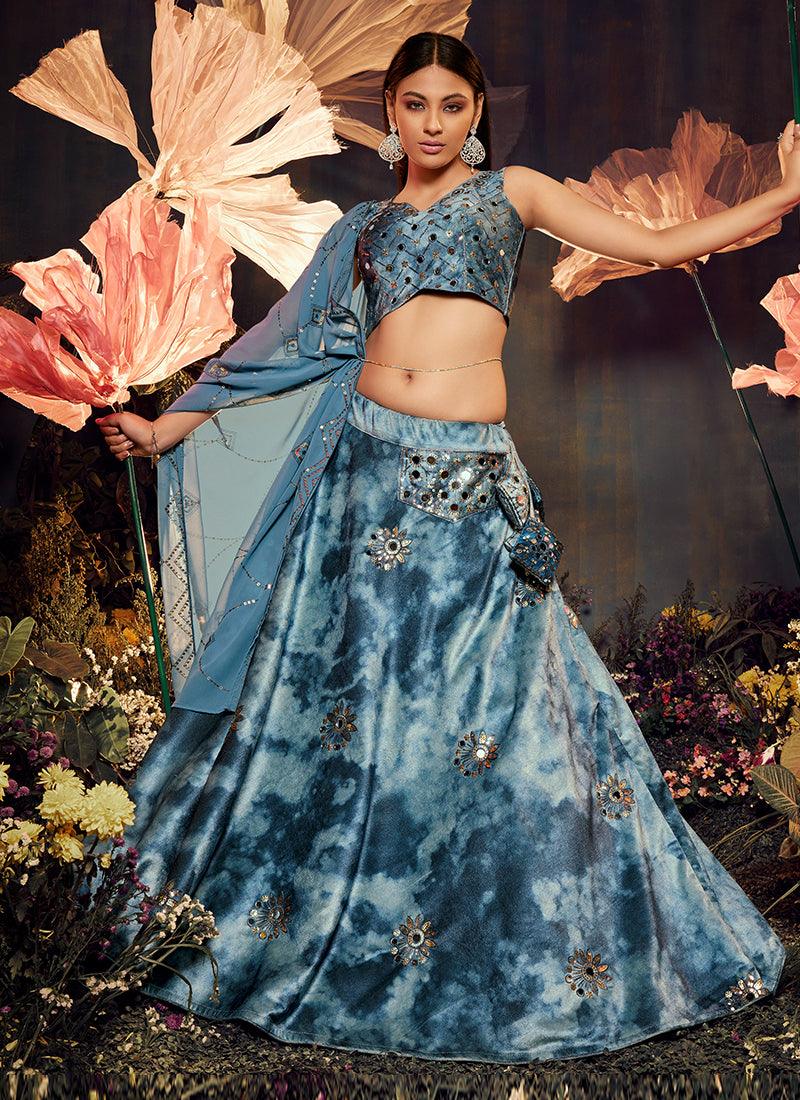 Shibori Print With Heavy Mirror Teal Blue Lehenga