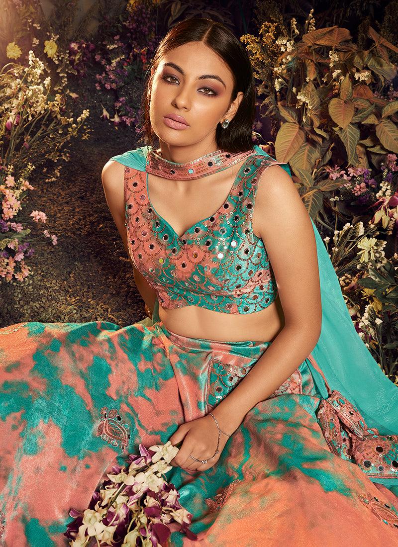 Shibori Print With Heavy Mirror Turquoise Lehenga