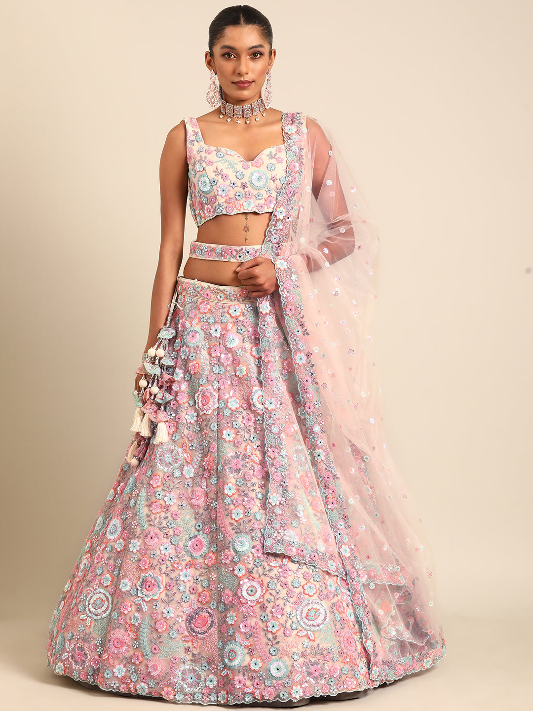 Shimmering Cream Net Lehenga Choli Set with Mirror Work and Sequins