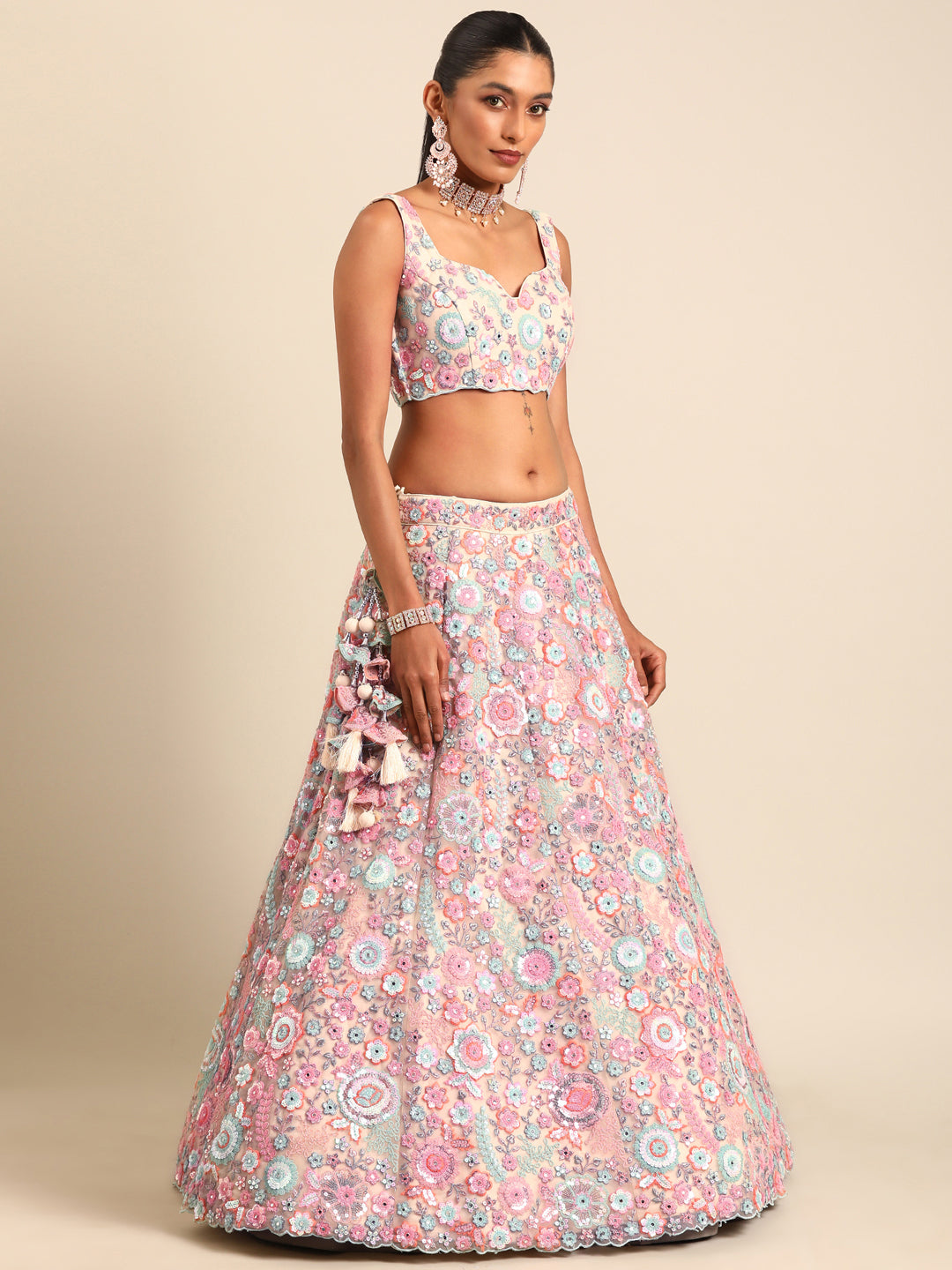 Shimmering Cream Net Lehenga Choli Set with Mirror Work and Sequins