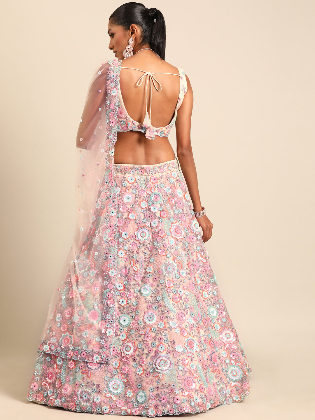Shimmering Cream Net Lehenga Choli Set with Mirror Work and Sequins