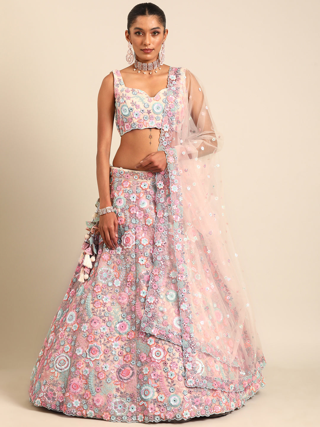 Shimmering Cream Net Lehenga Choli Set with Mirror Work and Sequins