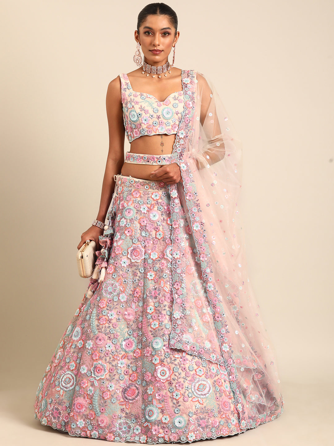 Shimmering Cream Net Lehenga Choli Set with Mirror Work and Sequins