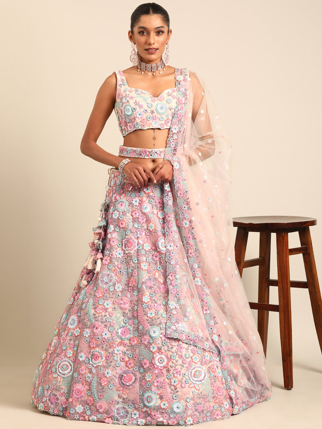 Shimmering Cream Net Lehenga Choli Set with Mirror Work and Sequins