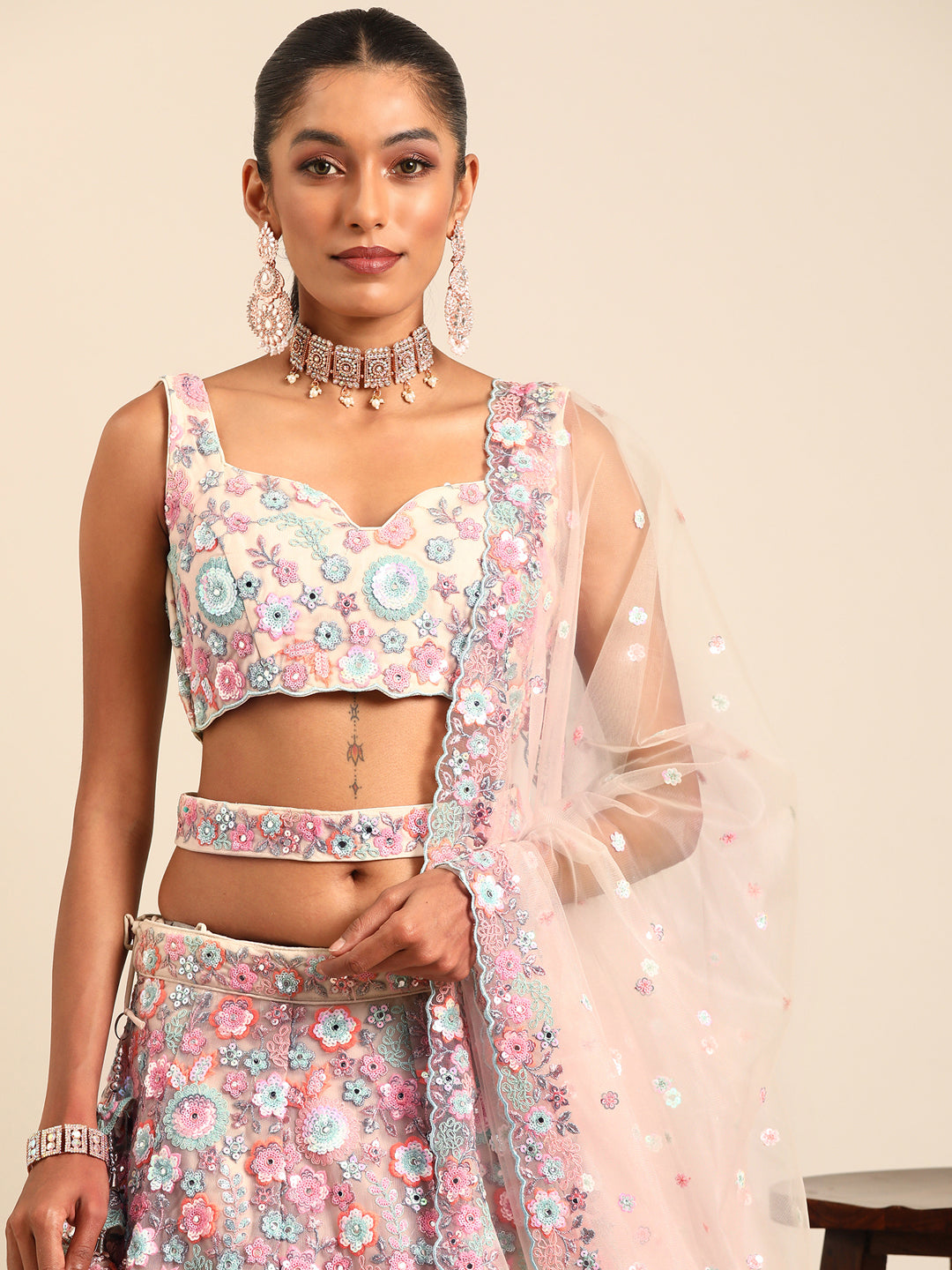 Shimmering Cream Net Lehenga Choli Set with Mirror Work and Sequins